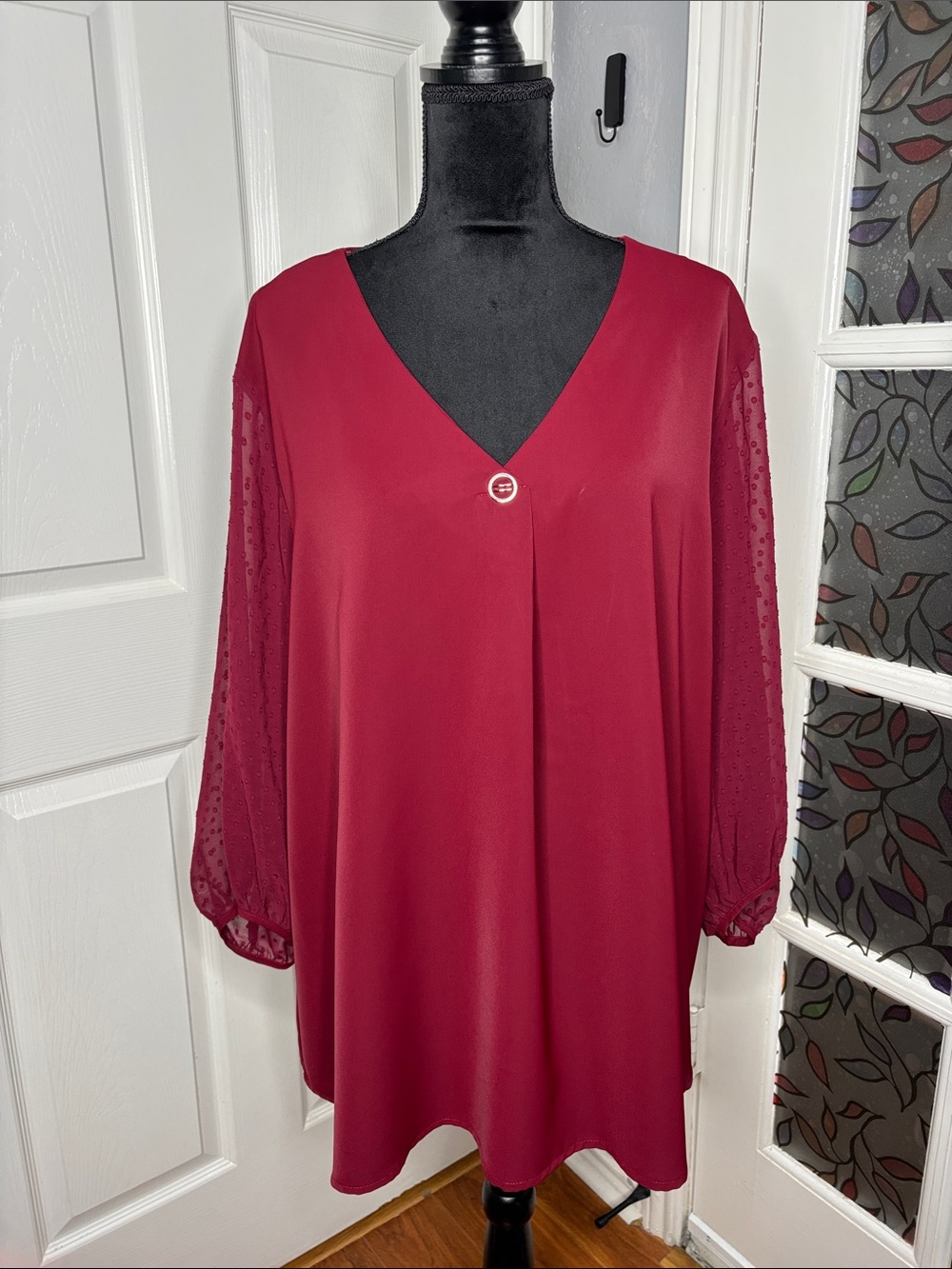 Women's V-Neck Long Sleeve Blouse - Wine